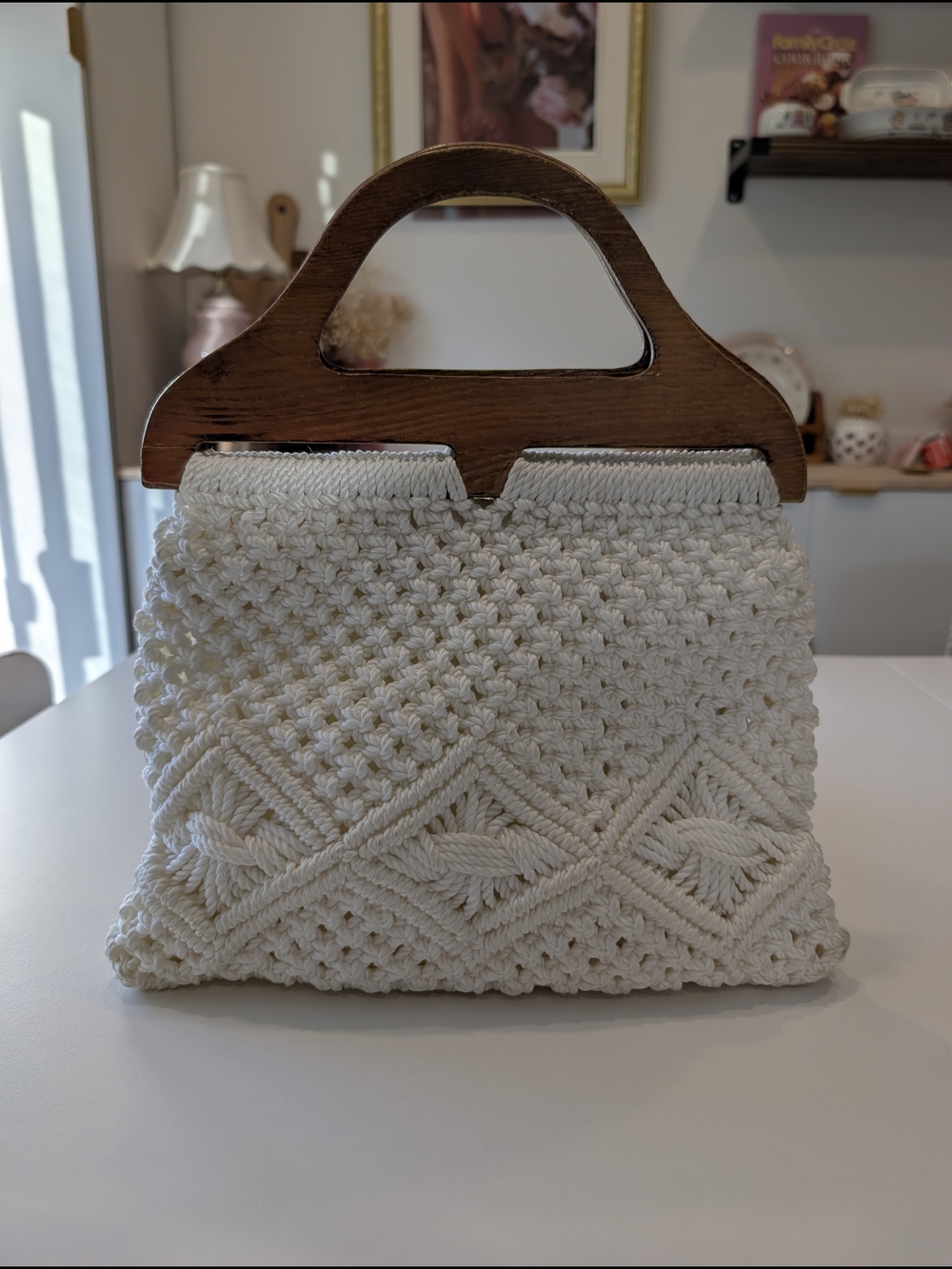 Vintage Macramé Handbag with Wooden Handle – Handmade Boho Style